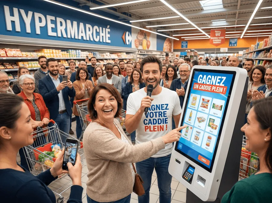 Jeu « Gagnez un caddie plein » sur une borne tactile d’hypermarché, un animateur au micro