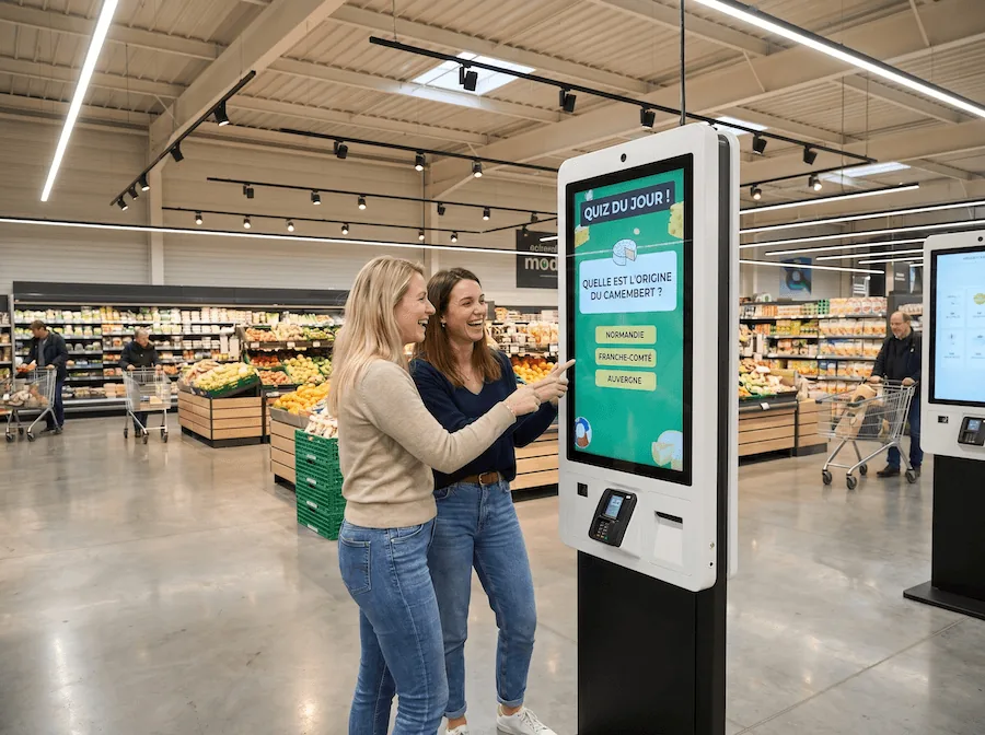 Deux clientes répondent au quiz du jour sur une borne tactile en supermarché