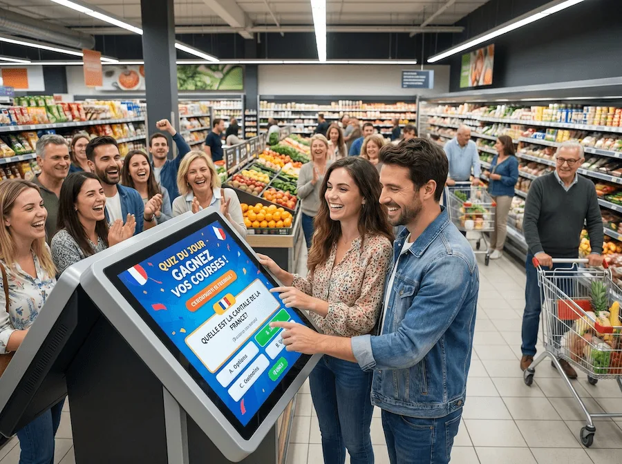 Quiz « Gagnez vos courses » sur un écran tactile en supermarché