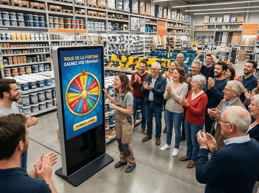 Roue de la fortune « Gagnez vos travaux » sur une borne tactile en magasin de bricolage, sous les applaudissements des clients