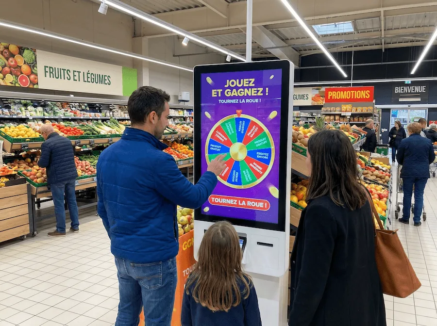 Un client tourne la roue « Jouez et gagnez » sur une borne tactile au rayon fruits et légumes