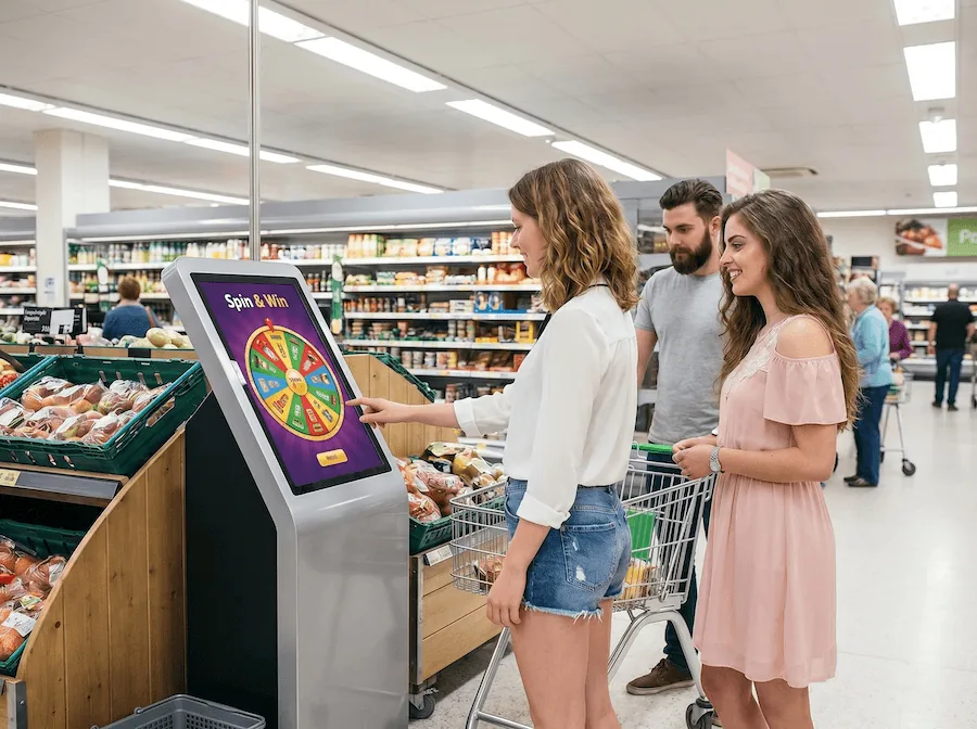 Roue « Spin & Win » sur une borne tactile en supermarché