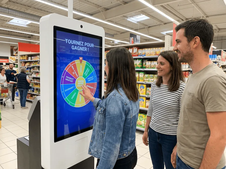 Une cliente lance la roue « Tournez pour gagner » sur une borne tactile en supermarché