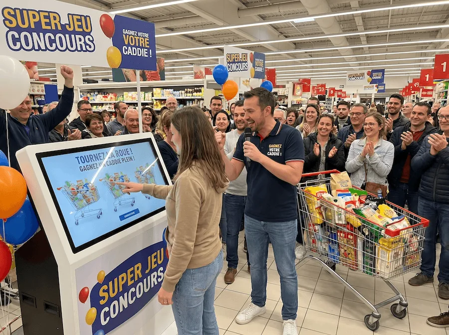 Animation « Super jeu concours » : une cliente joue sur l’écran tactile pour gagner un caddie plein