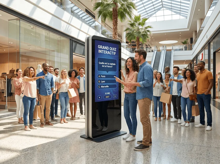 Grand quiz interactif sur une borne tactile dans une galerie marchande, entouré de visiteurs
