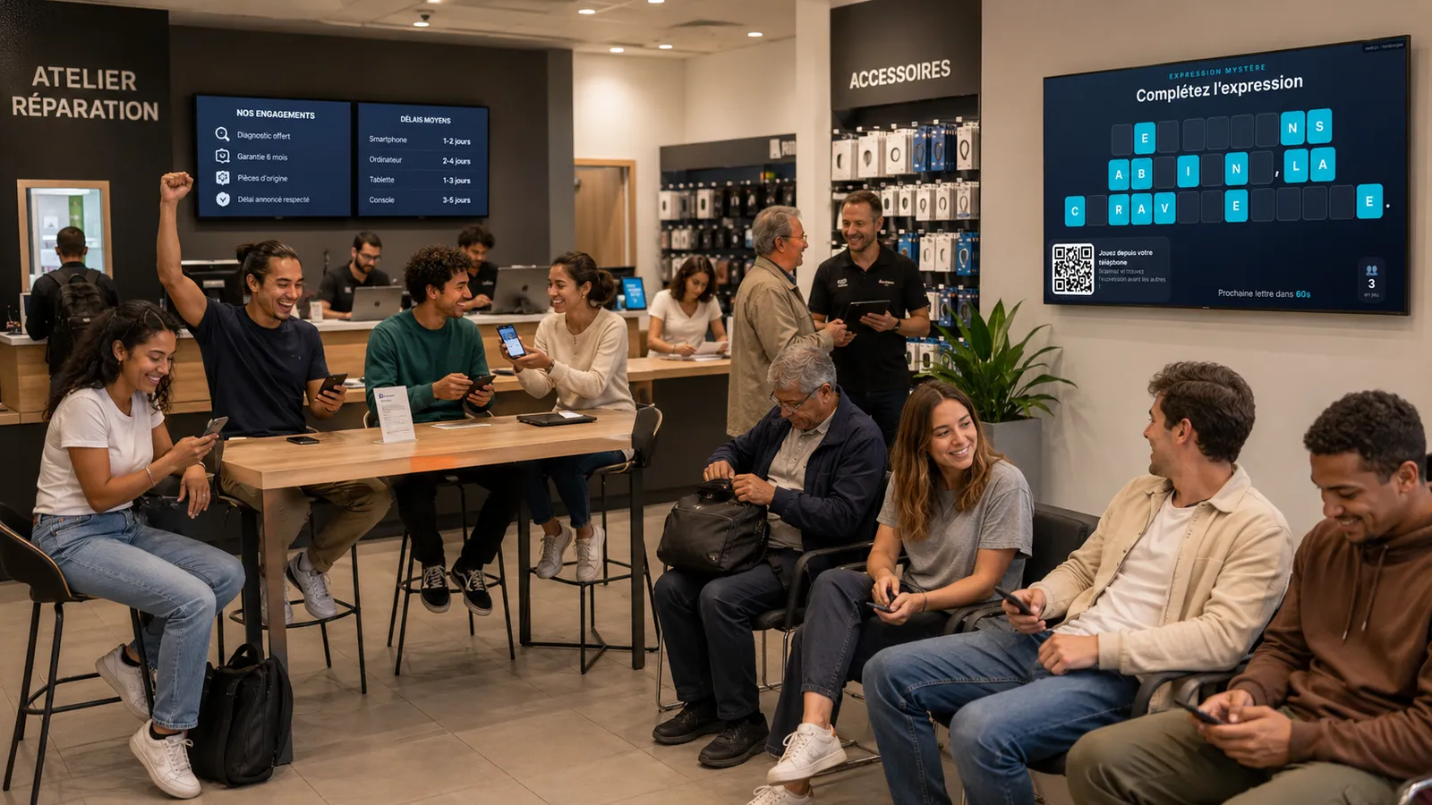 Citation Mystère diffusée sur l'écran d'un atelier de réparation informatique en magasin, des clients jouent depuis leur smartphone