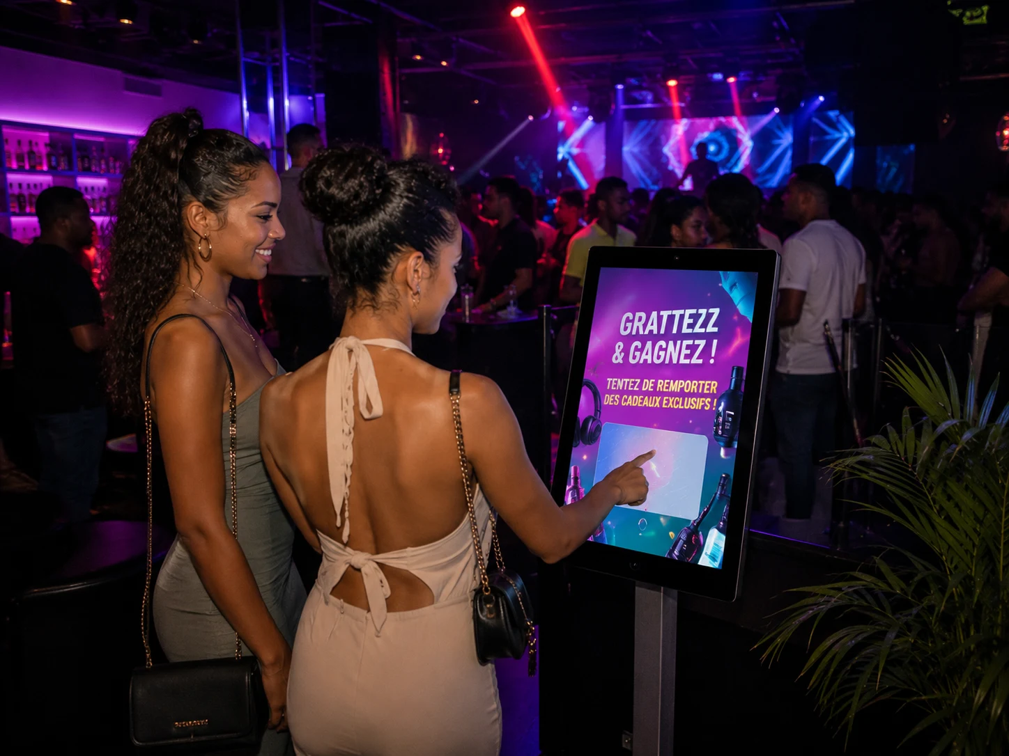 Écran de jeu Winacom dans un bar animé, clients qui jouent à leur table