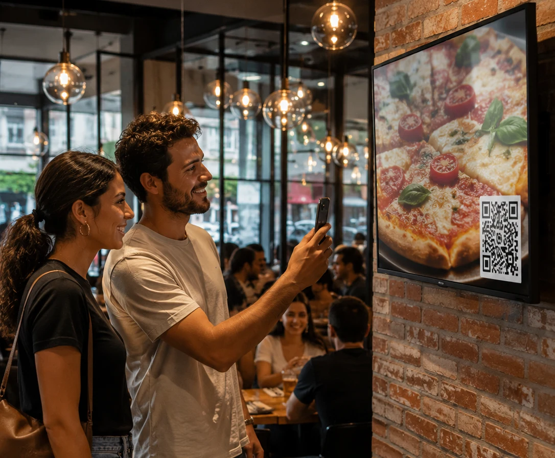 Ambiance bar avec écran Winacom : les clients participent au jeu pendant leur consommation