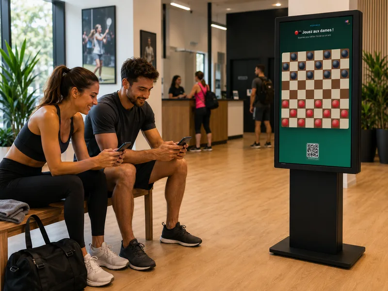 Une jeune femme et un jeune homme jouent au jeu de dames sur leur smartphone face à un totem, en salle d’attente