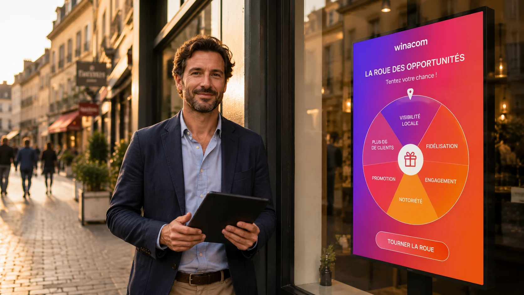 Distributeur Winacom présentant un écran interactif dans un commerce — opportunité commerciale sur tout un territoire