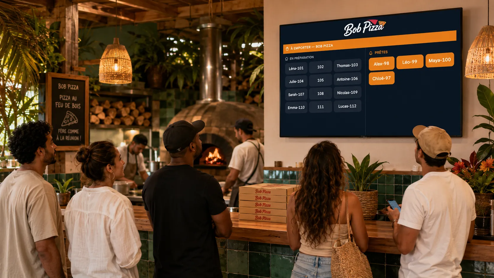 Écran d’affichage des commandes à emporter (En préparation / Prêtes) au-dessus du comptoir d’un restaurant, les clients repèrent leur numéro