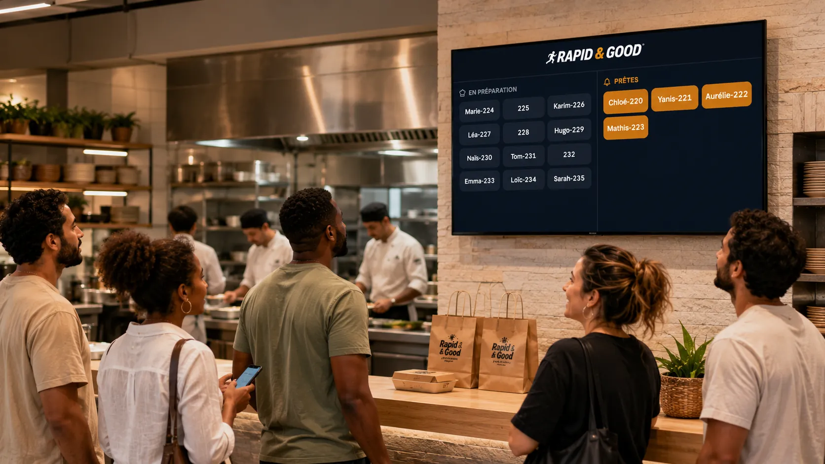 Des clients attendent leur commande à emporter devant un comptoir et suivent l’écran d’affichage des commandes prêtes, cuisine ouverte en arrière-plan