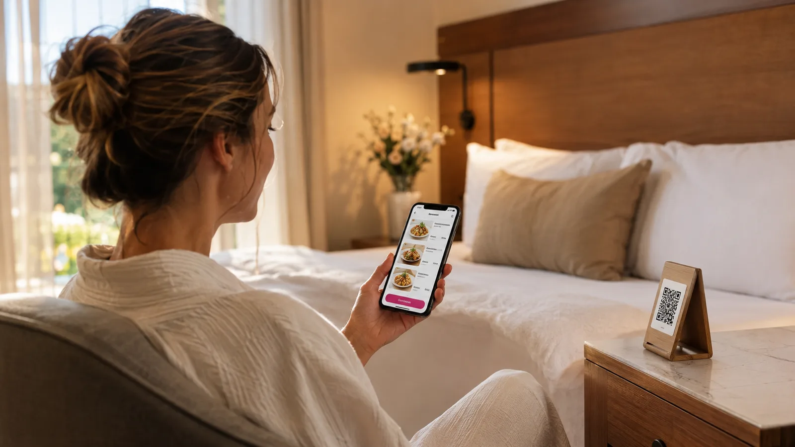 Une cliente, dans sa chambre d’hôtel, commande son room service sur son smartphone après avoir scanné le QR code posé sur la table de chevet