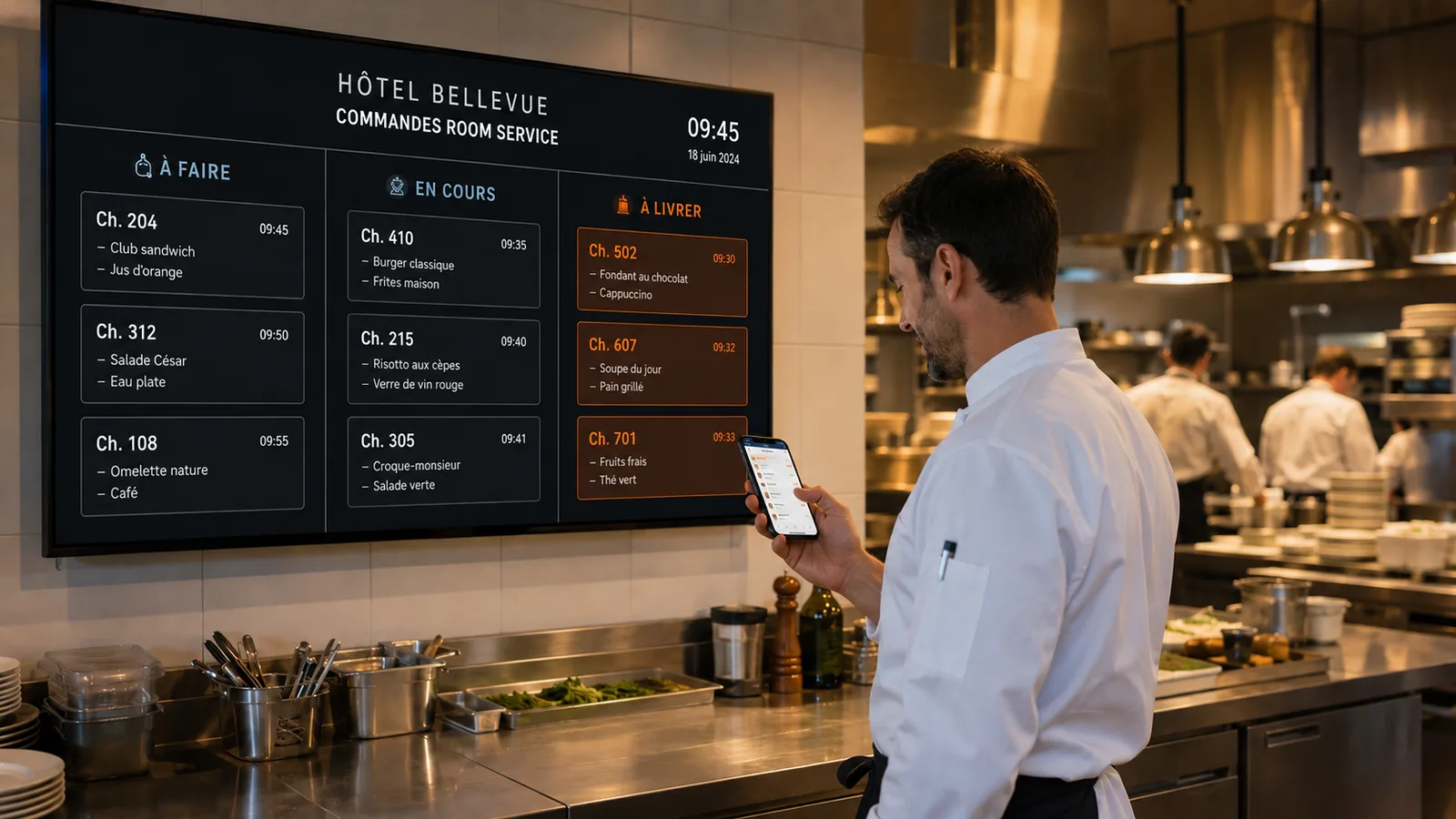 Un cuisinier en veste blanche consulte l’écran mural des commandes room service dans la cuisine de l’hôtel (colonnes À faire, En cours, À livrer par numéro de chambre)