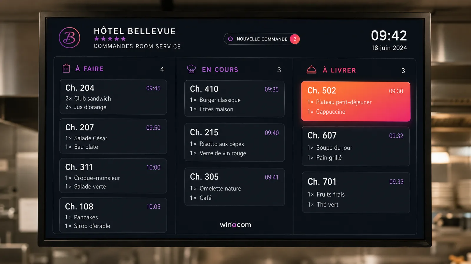 Gros plan de l’écran cuisine « Commandes room service » : trois colonnes À faire / En cours / À livrer avec le numéro de chambre et le détail des plats