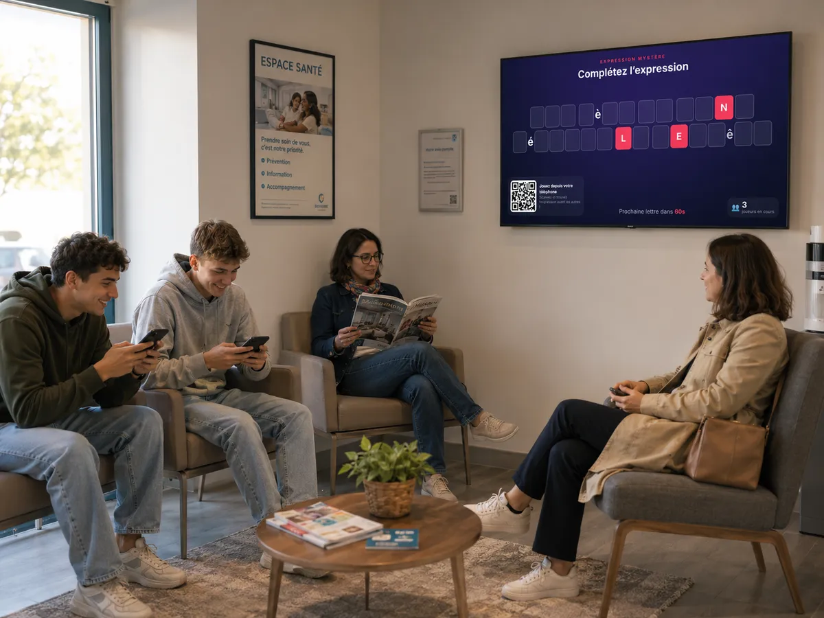 Écran de jeu Citation Mystère et plusieurs smartphones qui jouent en salle d'attente
