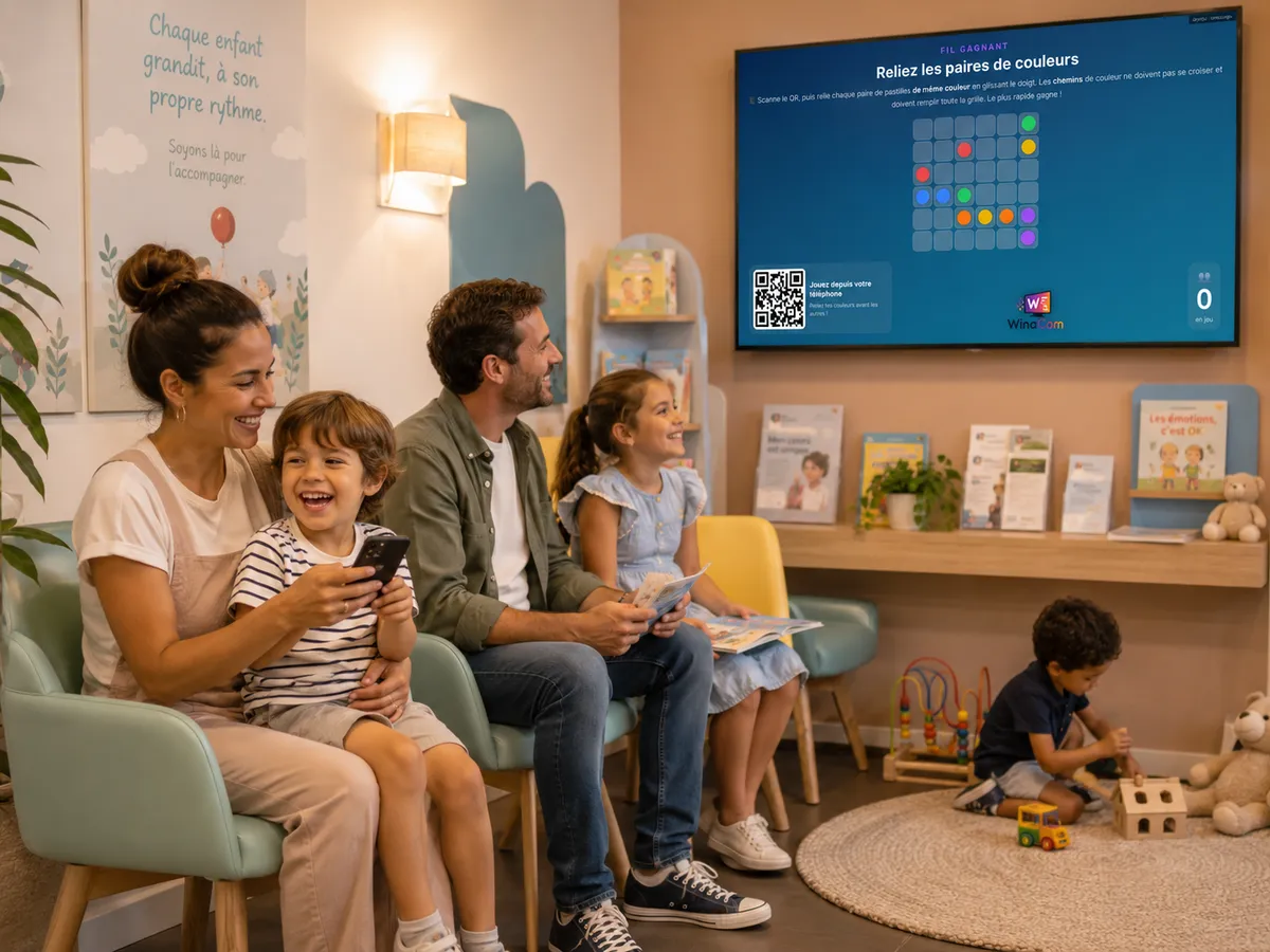 Salle d’attente d’un cabinet de pédiatre, parents et enfants qui jouent