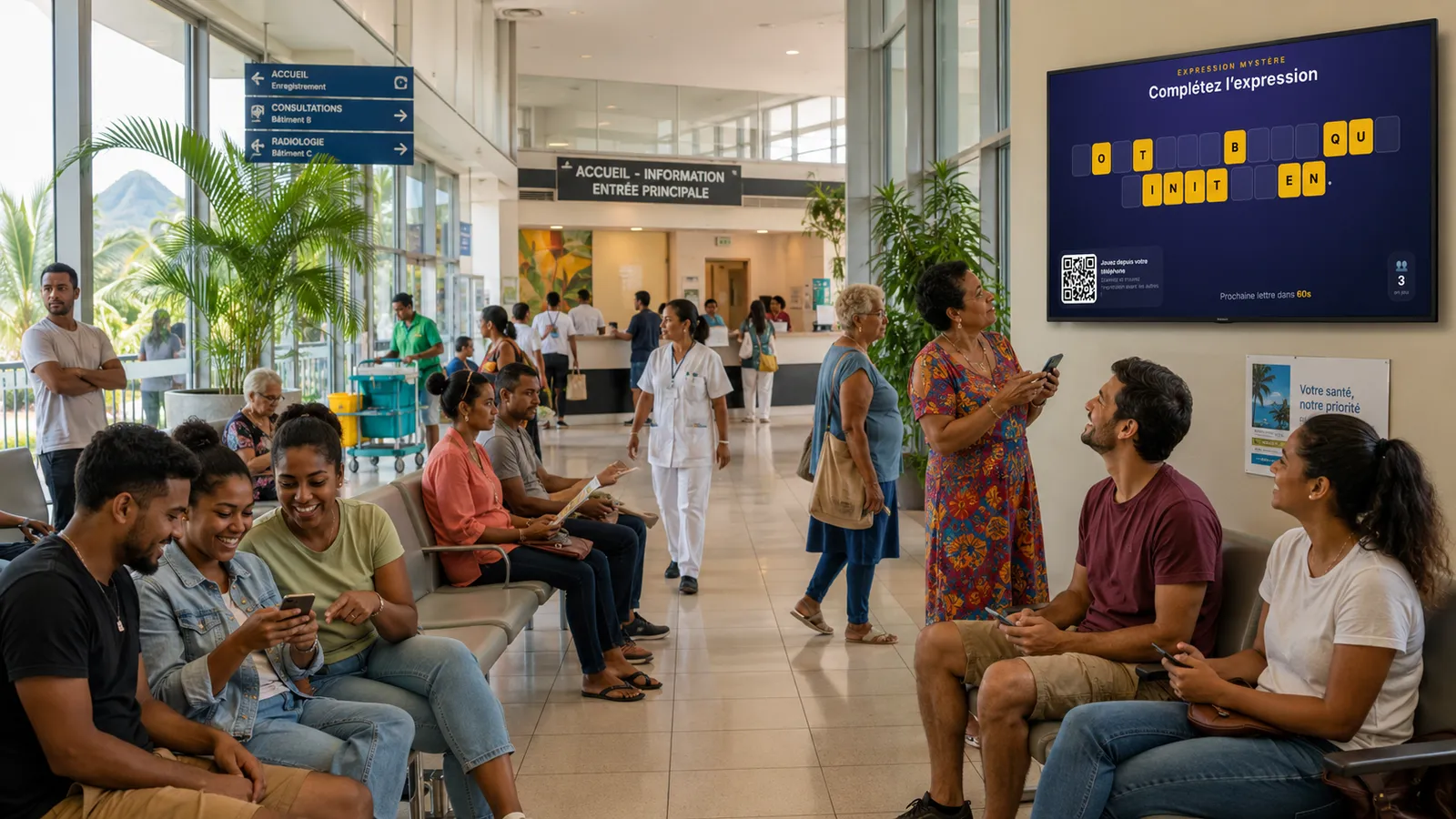 Citation Mystère diffusée sur l'écran d'un hall d'accueil public, des usagers jouent depuis leur smartphone