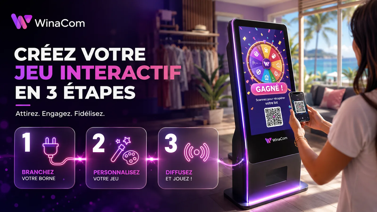 Des clients jouent à un jeu d’animation Winacom sur un écran tactile en magasin