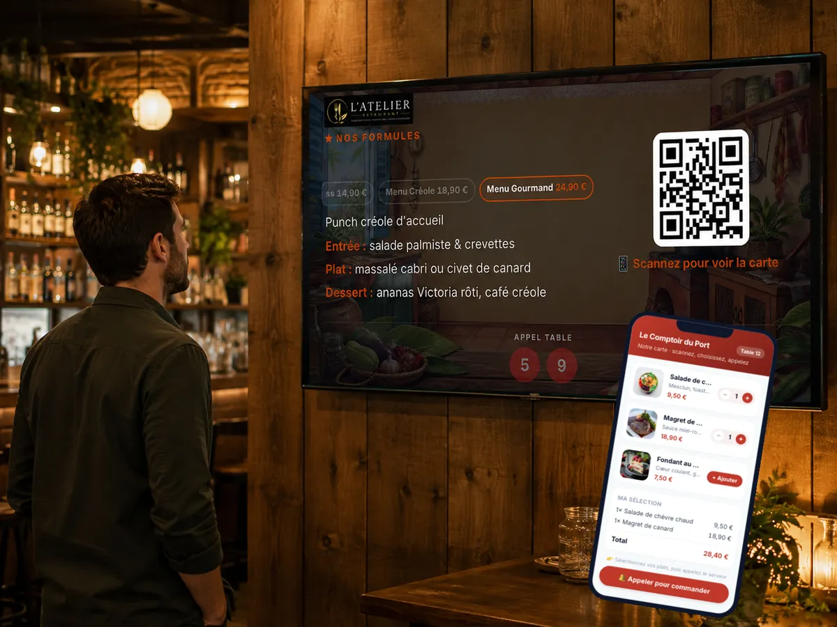 Le menu du jour affiché en grand sur l’écran d’un restaurant, avec un QR code « Scannez pour voir la carte » à côté