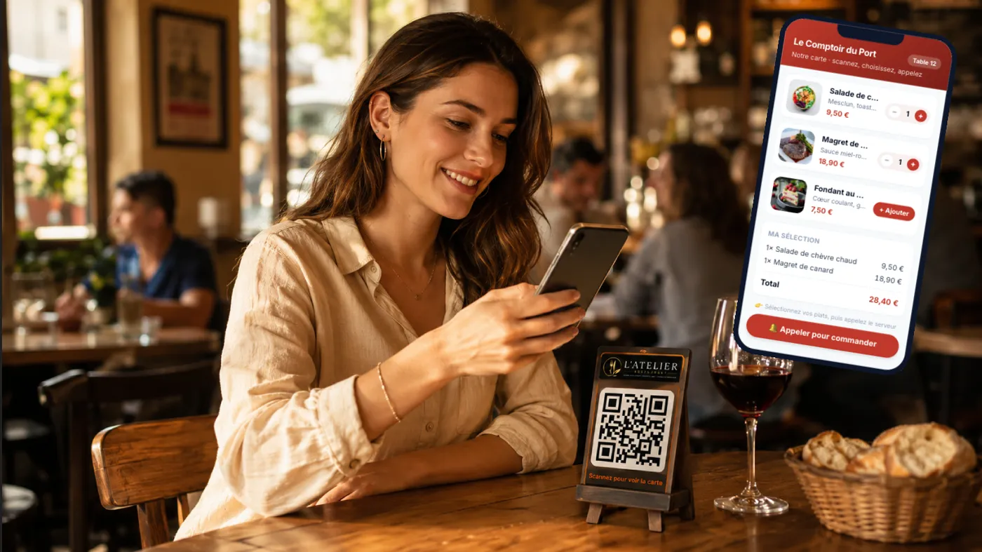 Une cliente attablée dans un bistrot consulte la carte du restaurant sur son smartphone après avoir scanné le QR code posé sur la table