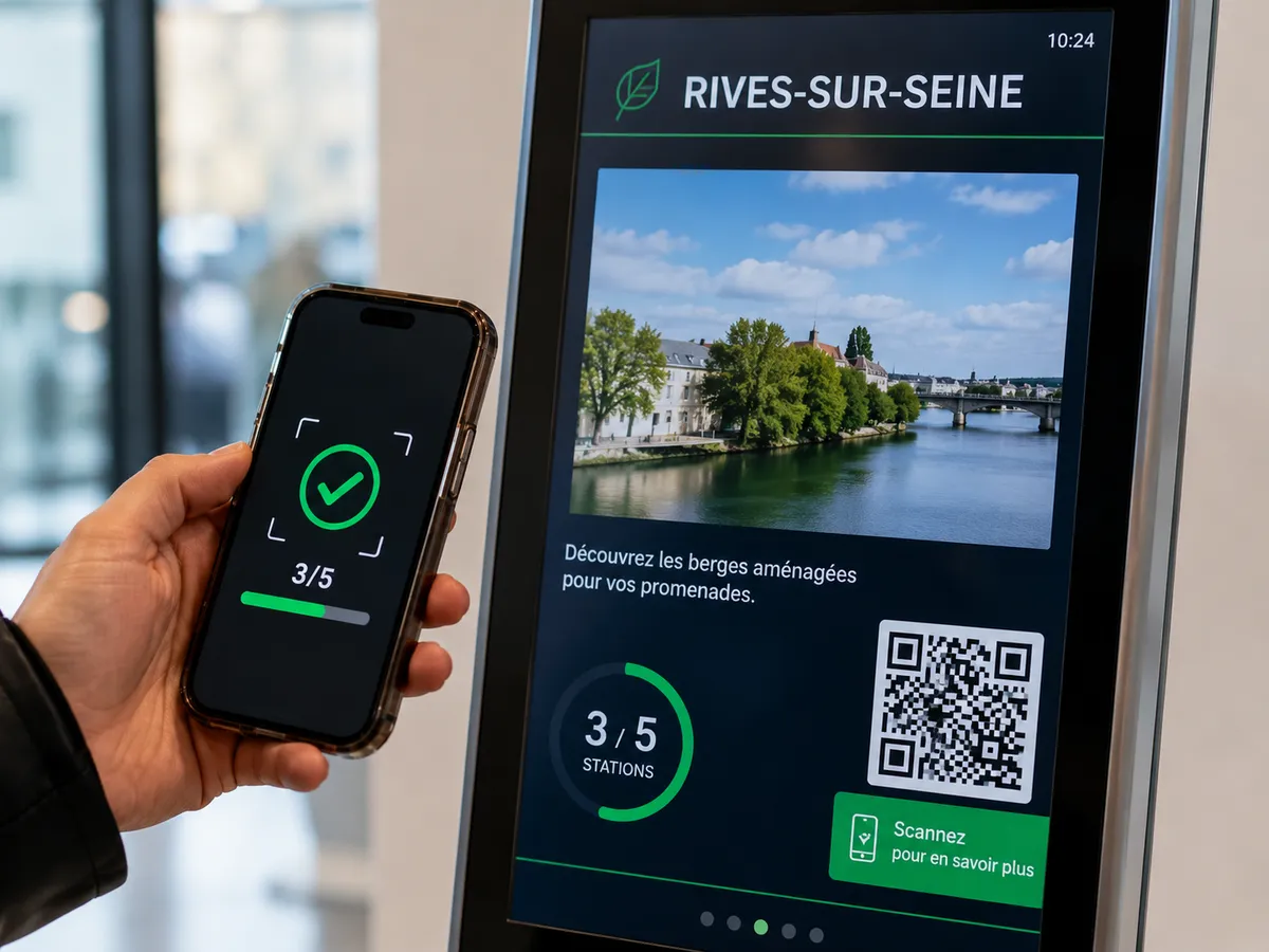 Écran de station Winacom et QR code scanné au smartphone
