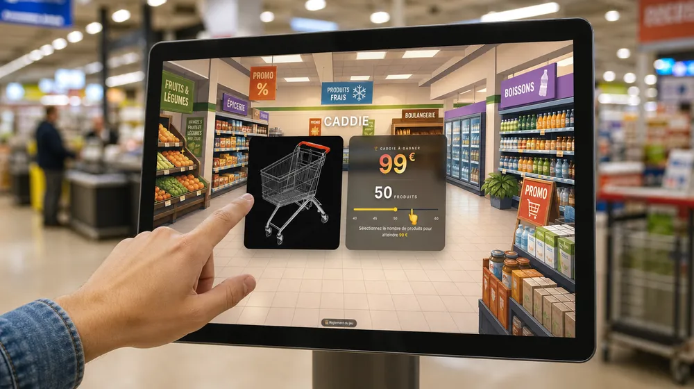 Client jouant à un jeu concours sur une borne tactile dans un supermarché