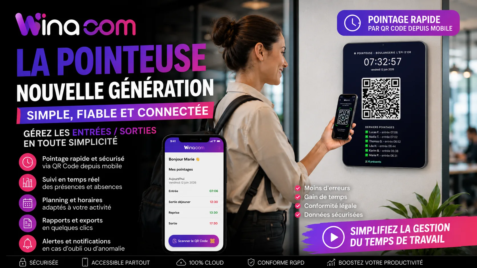 Pointeuse Winacom : le salarié badge en scannant un QR code avec son smartphone, sans badgeuse à installer
