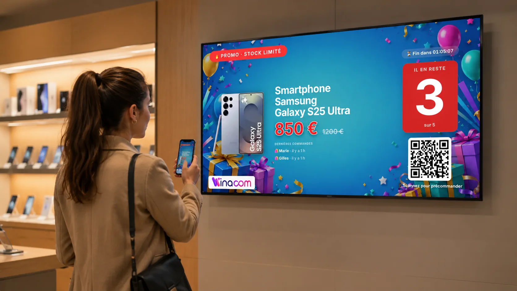 Promo à stock limité Winacom : compteur en temps réel et précommande par QR