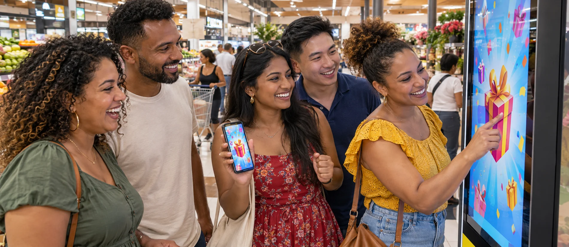 Affichage dynamique interactif en outre-mer : des clients d’un supermarché jouent sur un totem et sur leur smartphone