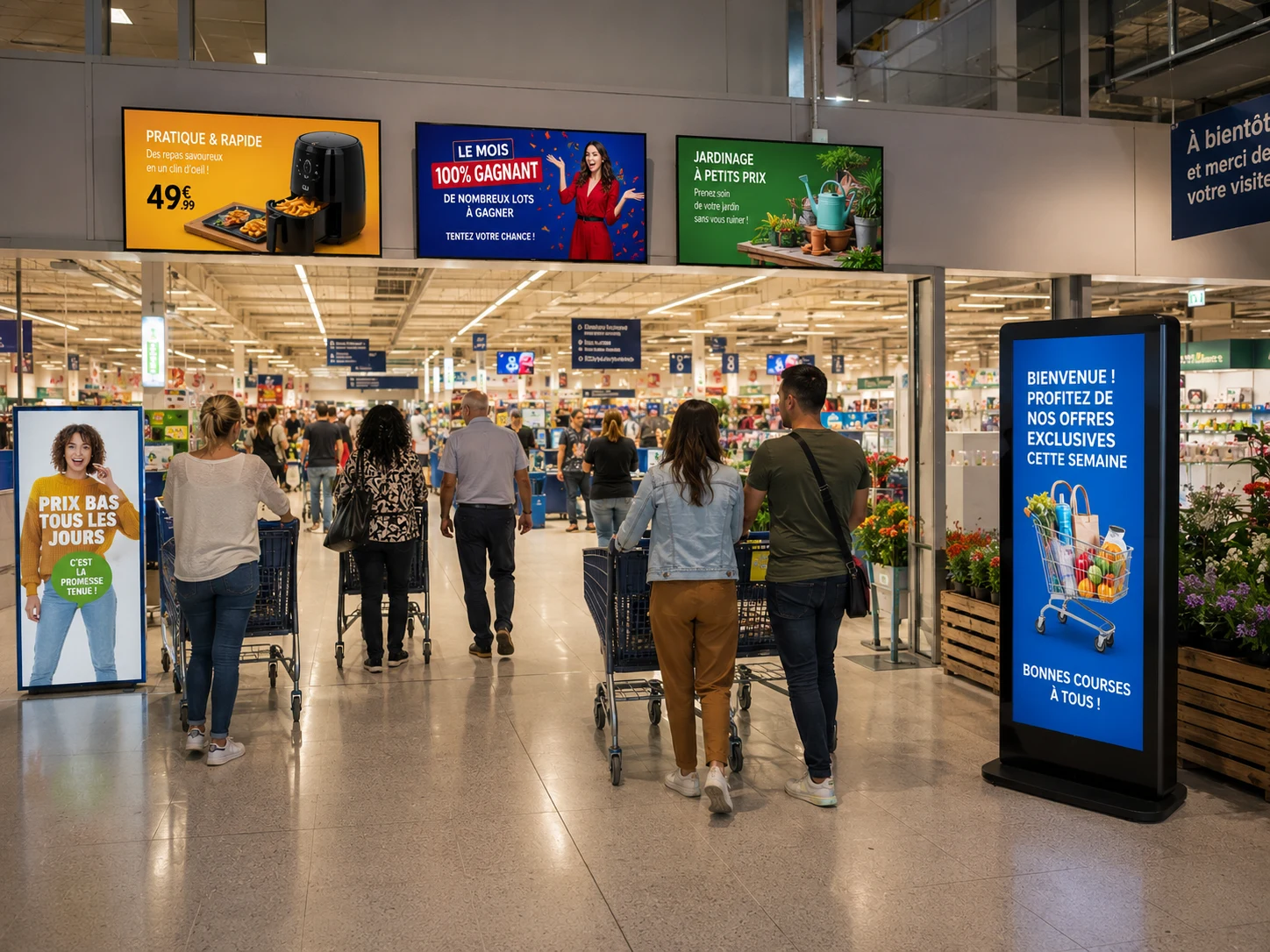 Écran Winacom en tête de gondole : promotion et déstockage en supermarché